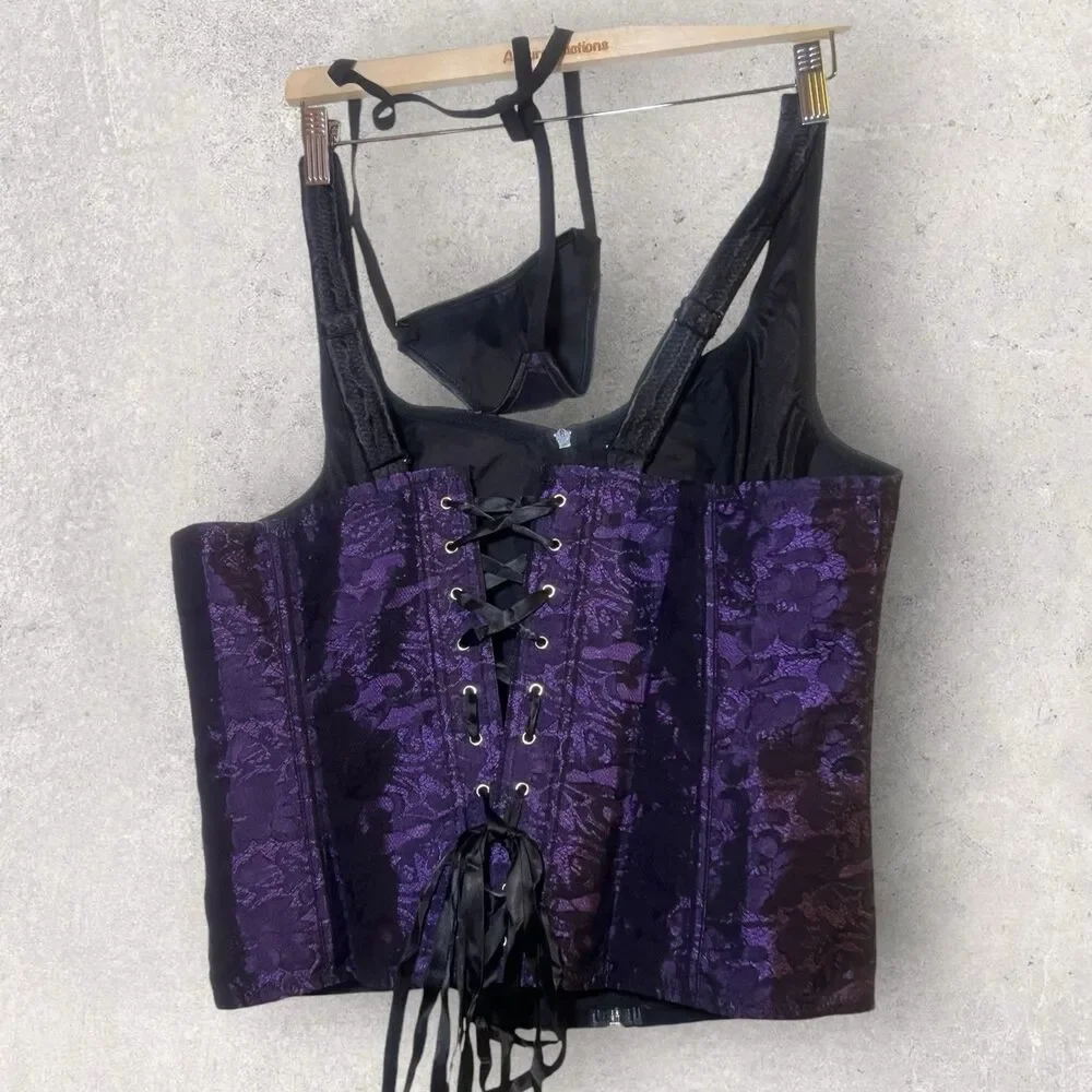 Black And Purple Satin And Lace Wide Strap Corset Top And Thong Set Size 4XL - Picture 5 of 6